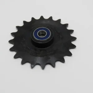 A black plastic wheel with a blue ring on top.